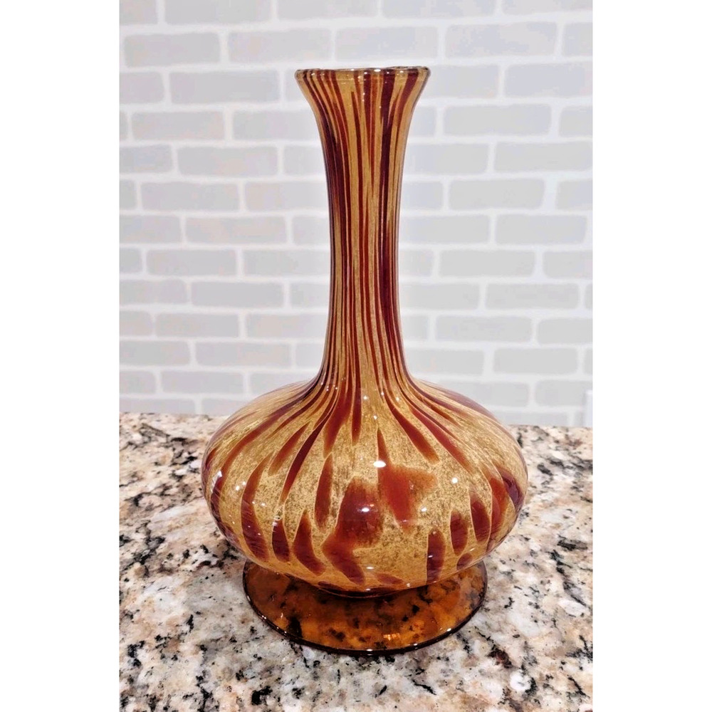 Murano White Cristal Amber Swirl Glass Vase Brown Tortoise Shell MCM Vintage